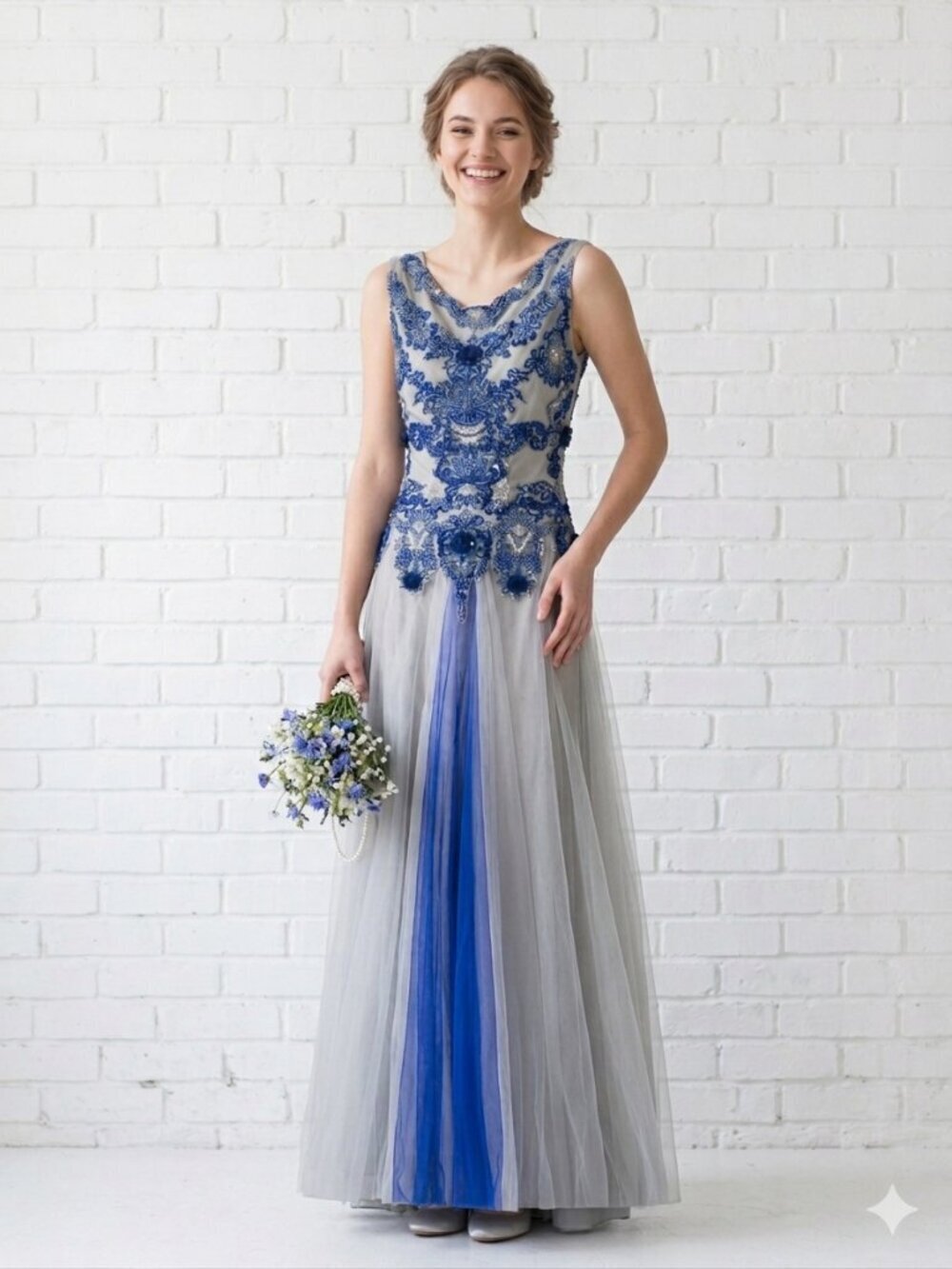 Formal Prom Maxi Dress S/M Embroidered Grey & Blue Indian Style Anarkali Gown